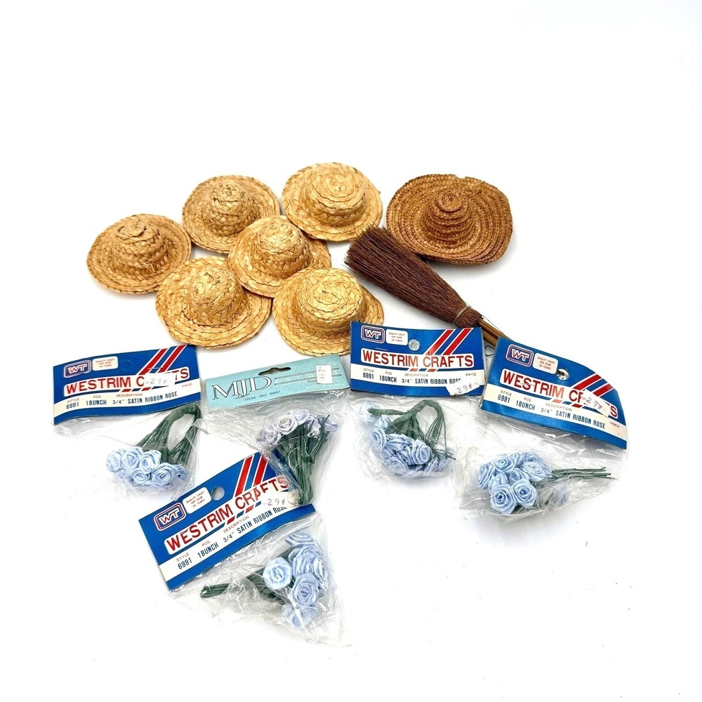 Vintage Westrim Crafts Miniature Bundle Straw Hats Broom Blue Satin Roses 14pc‎